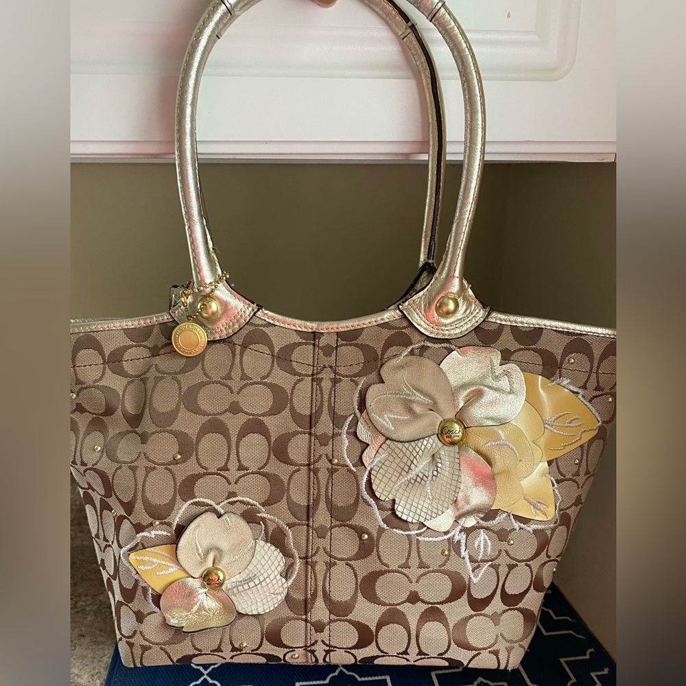 Coach Metallic Gold and Brown Monogram Tote Bag